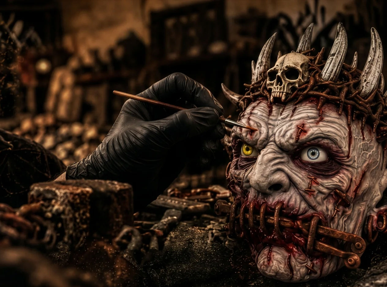 Detailbemalung einer Krampusmaske mit feinem Pinsel