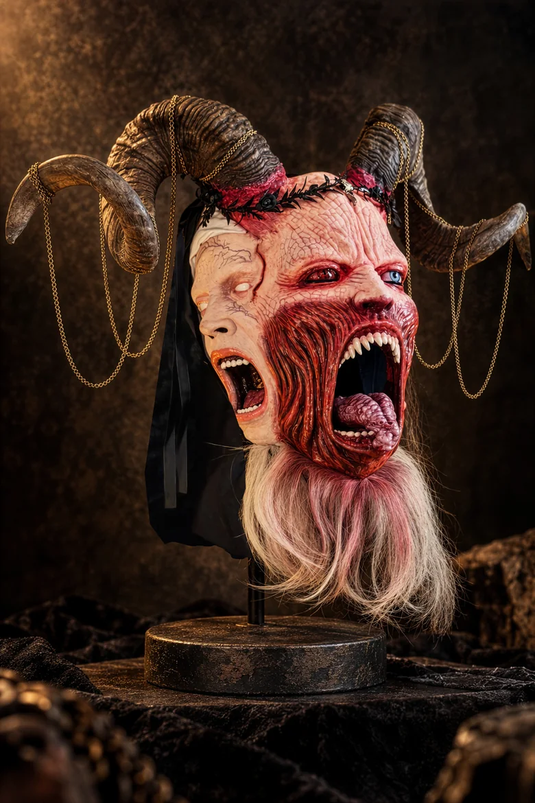 Dysmera – Krampusmaske mit mehreren Gesichtern und geschwungenen Hörnern