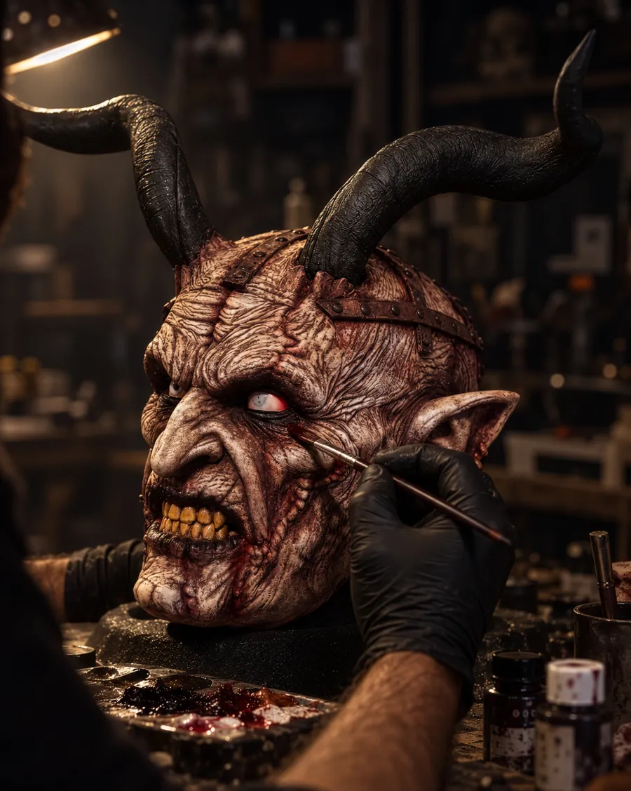 Handbemalung einer dämonischen Krampusmaske im Atelier