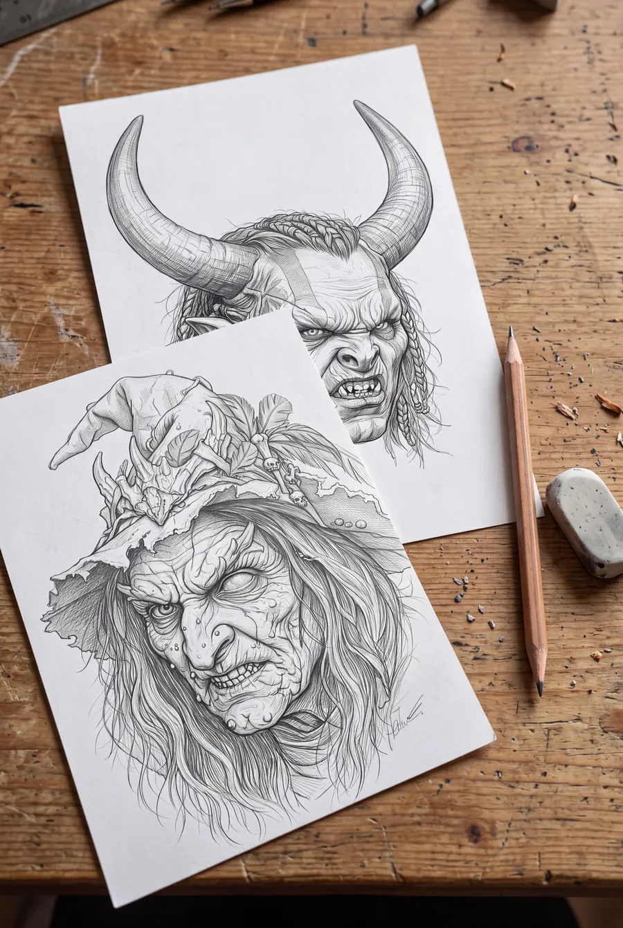 Skizzen zweier Krampuscharaktere auf einer Werkbank