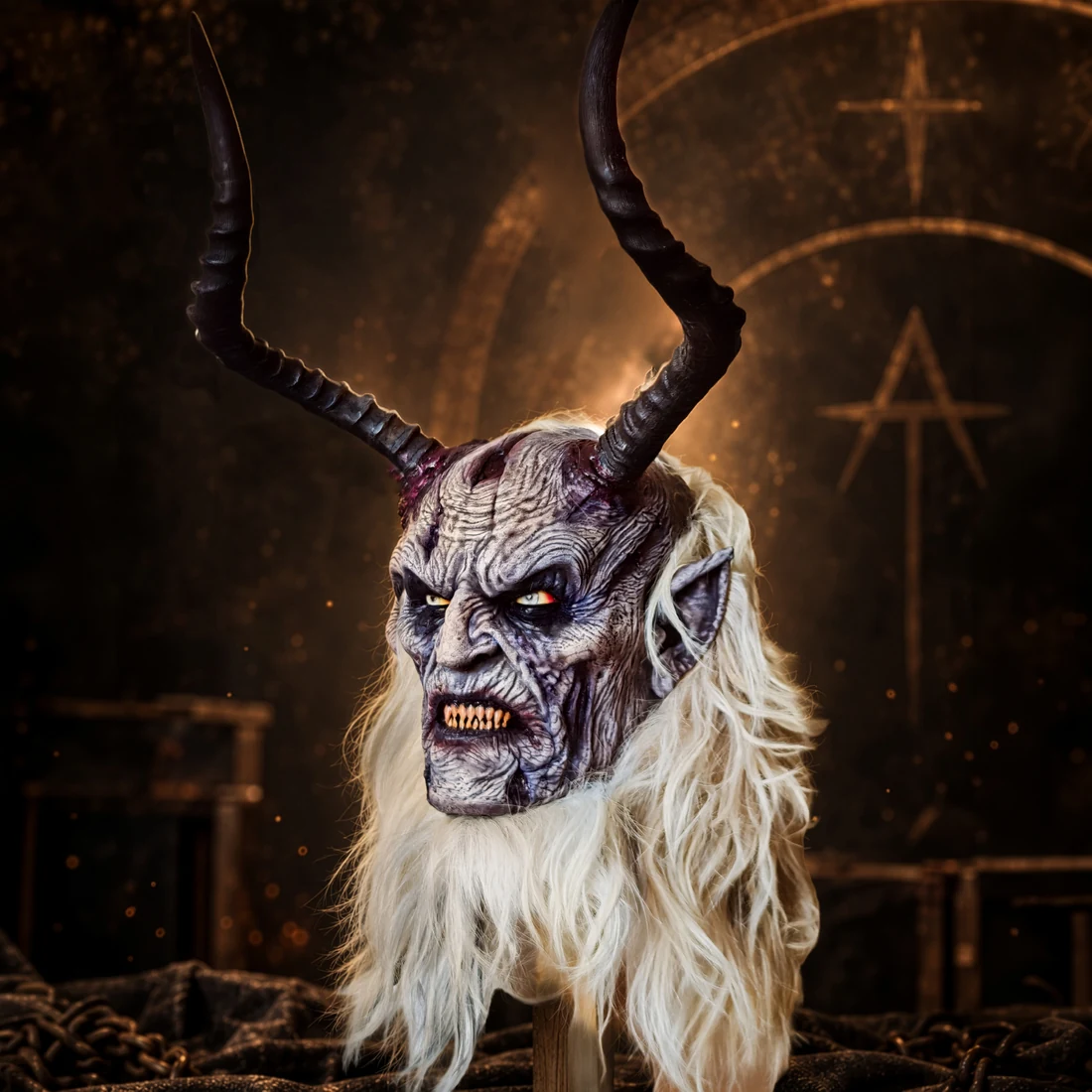 Varkun – Krampusmaske mit langen Hörnern und hellem Haar, vor dunklem Bronzehintergrund